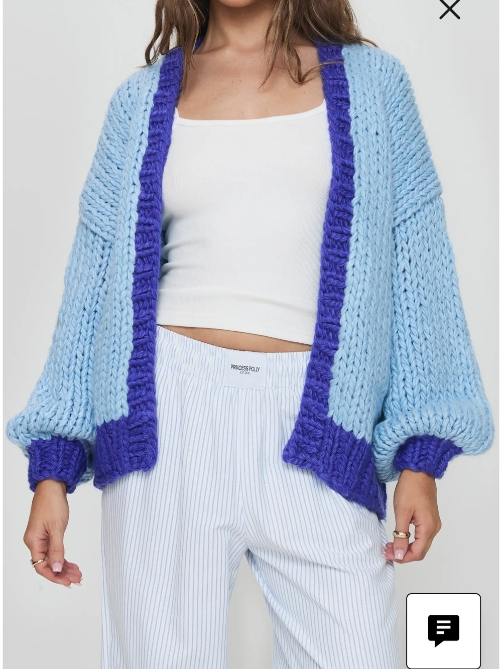 Princess Polly Light Blue Chunky Cardigan with Purple Trim
